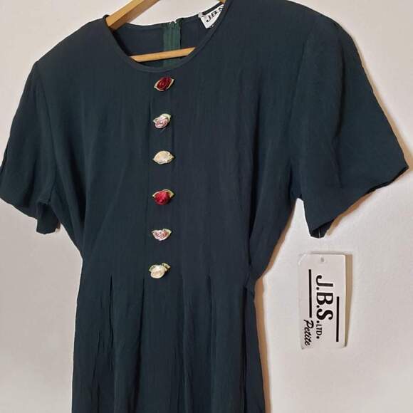 Deadstock Vintage 90s Short Sleeve Midi Dress Green Rosebud Embellishments 10P - Picture 4 of 11